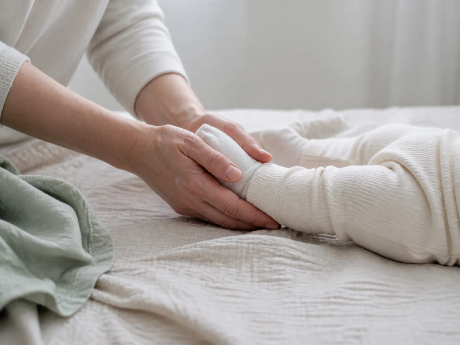 Aikuisen kädet pitelevät hellästi vauvan jalkaa pehmeällä peitolla