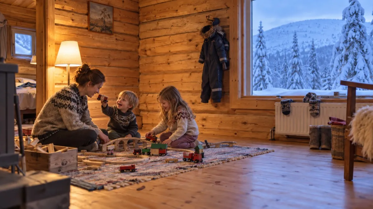 A babysitter and two children playing with a wooden train set on the floor of a log cabin, with a snowy fell and snow-laden spruces outside the window